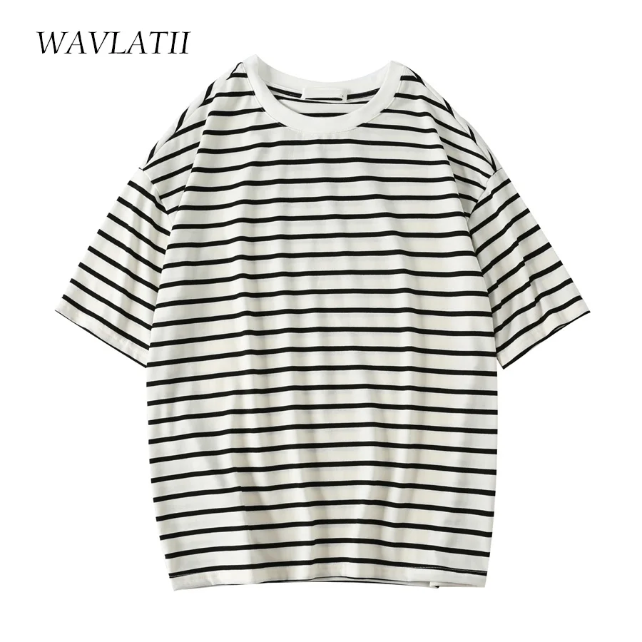 WAVLATII Women New Fashion Striped T shirts Female Beige Black Strip Cotton Oversized Short Sleeve Tees Tops for Summer