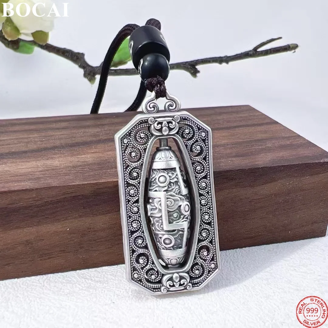 

BOCAI S999 Sterling Silver Pendants for Women Men Retro Auspicious Cloud Pattern Rotatable Dzi Bead Amulet Charm Wholesale