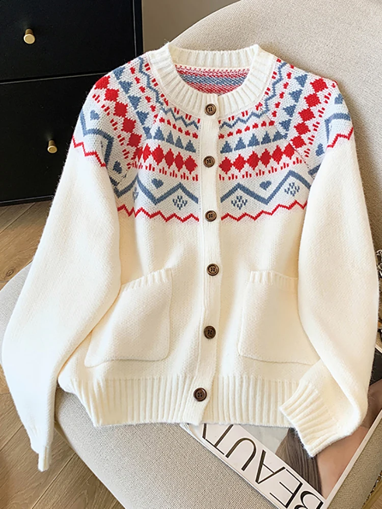 

Print Knitted Cardigan Women Spring Autumn Korean Style Single Breasted Versatile Sweater Vintage O-neck Long Sleeve Warm Coats