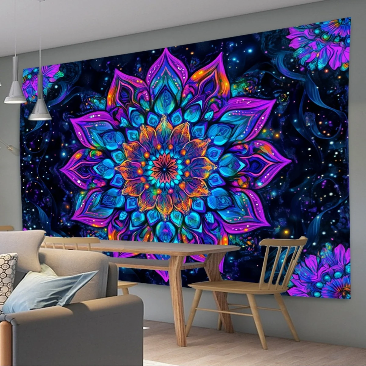 1 Tapiz Mandala Caleidoscópico de Textura Fantasía - Colgante de Pared 3D con Vibrantes, Morado, Naranja, Rosa, Verde, Amarillo,