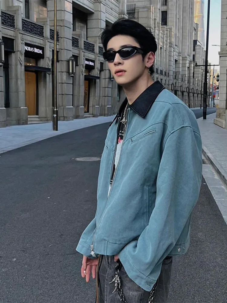Washed Detroit Patchwork Leather Jacket Men's Autumn Cleanfit Deconstructed Plaid Collar Mountain Climbing Workwear Style Coat