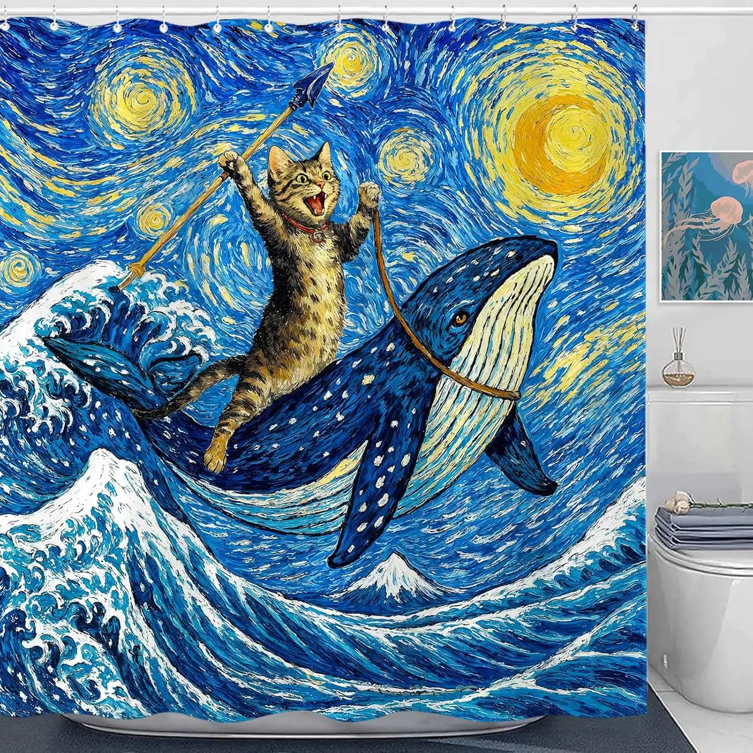 

Whimsical Cat Shower Curtain Set Starry Art Style Ocean Whale Rider Waterproof Bathroom Shower Curtain Funny Marine Life