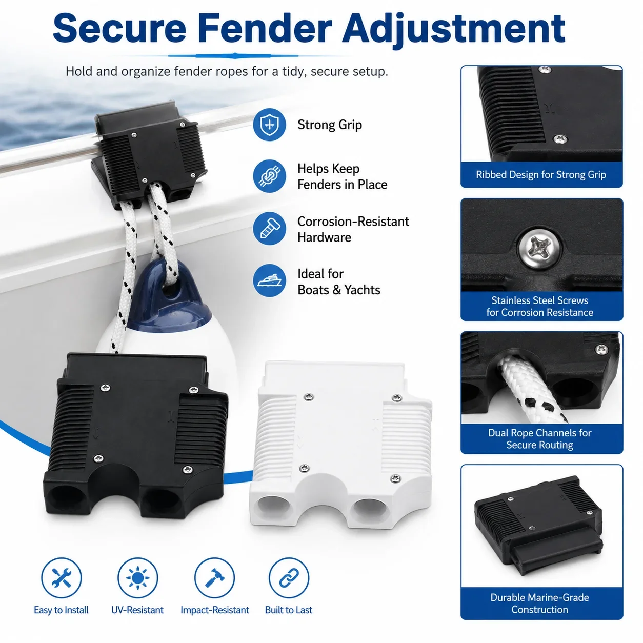 Boat Fender Adjuster in ABS Securing Buckle and Cable Hanger for Positioning Bumpers on Yachts Sailboats Docks and Marine Gear