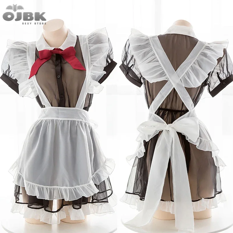 OJBK New Kawaii Sexy Transparent Cosplay Costumes Maid Sexy Lingerie for Women High quality Temptation Dress With Cute Bowknot