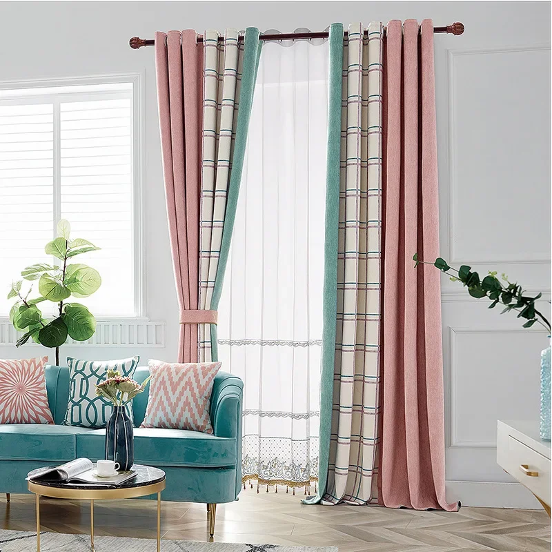 

PH2063 Modern blackout bedroom home seamless splicing finished mink velvet curtains