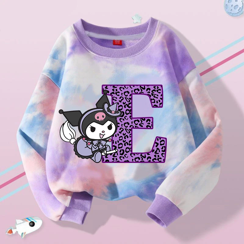 Kuromi Girls Sweatshirt Sanrio Anime Letter A-Z Hoodies Kids Spring Autumn Tops Pullover Fashion Clothes Children Gift Hot Sales