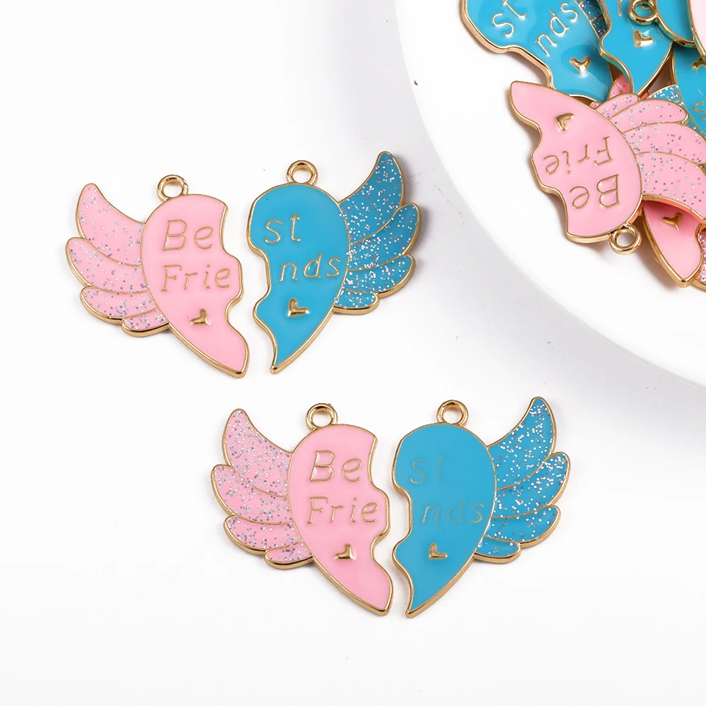 2Pairs/Lot Alloy Enamel Blue Pink Flying Wings Heart Couple Charms For DIY Jewelry Making Best Friends Broken Heart Pendants