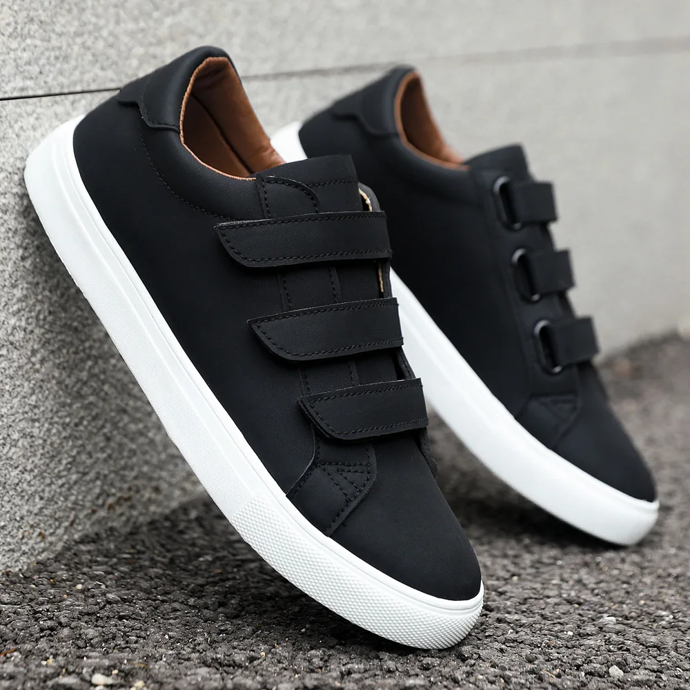 White Shoes Men Pu Leather Casual Shoes for Men Hook & Loop Loafers Fashion Skateboard Shoe Flat Male Sneakers Tenis Para Hombre