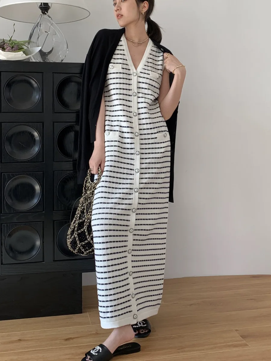 New Summer Knitted Elegant Dresses For Women V-Neck Sleeveless Loose Sweater Dress Korean Fashion Casual Stripe Long Dresses