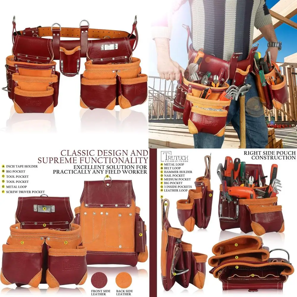 Cinturón de Herramientas de Cuero Color Granate para Hombre - Juego Completo con Bolsa para Carpinteros, Instaladores de Paneles de Yeso y Electricistas en la Construcción