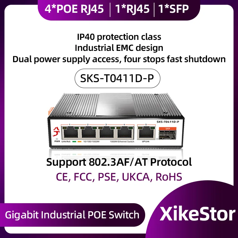 XikeStor 1000M POE 5-Port 1G RJ45 1-Port 1 G SFP Ethernet Resistant to High & Low Temperatures