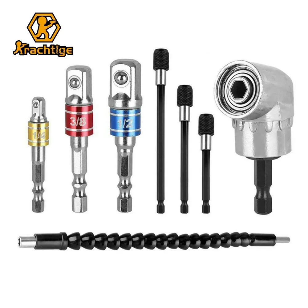 

8Pcs Power Tool Accessories 105 Degree Adapter 1/4" 3/8" 1/2" Socket Bit 295mm Flexible Shaft 60/100/150 Holder Extension Bar