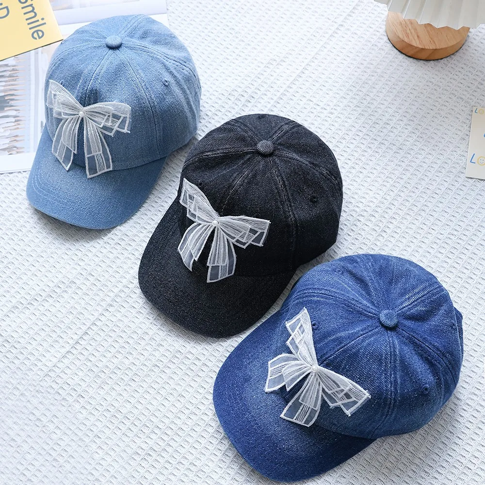 Girl Mesh Bow Denim Baseball Hat Fashion Kids Girls Princess Peaked Hat Outdoor Children Casual Caps Cotton Baby Sunscreen Cap