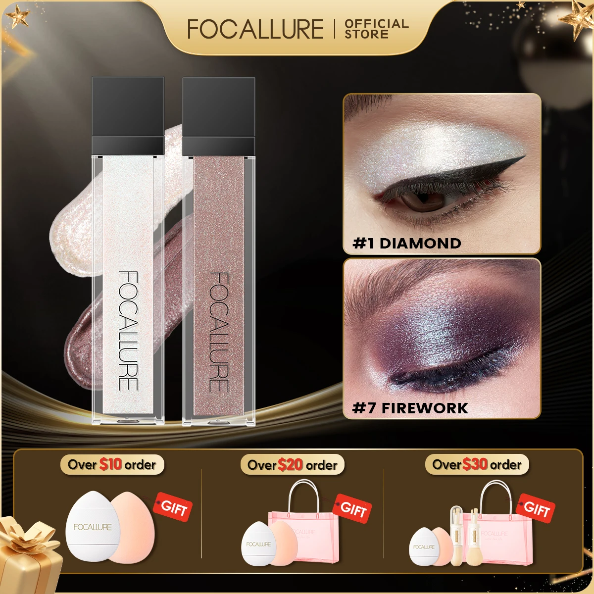 FOCALLURE 14 Colors Diamond Liquid Eyeshadow Waterproof Long-lasting Shiny Glitter Eyeliner Pearlescent Eye Shadow Cosmetics