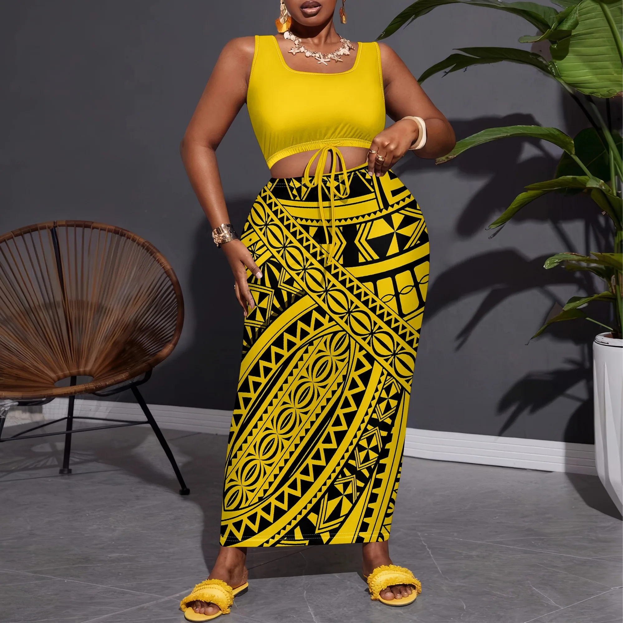 

Nupusa Tribal Print Two - Piece Set for Women Plus Size Summer Casual Square Neck Sleeveless Outfit