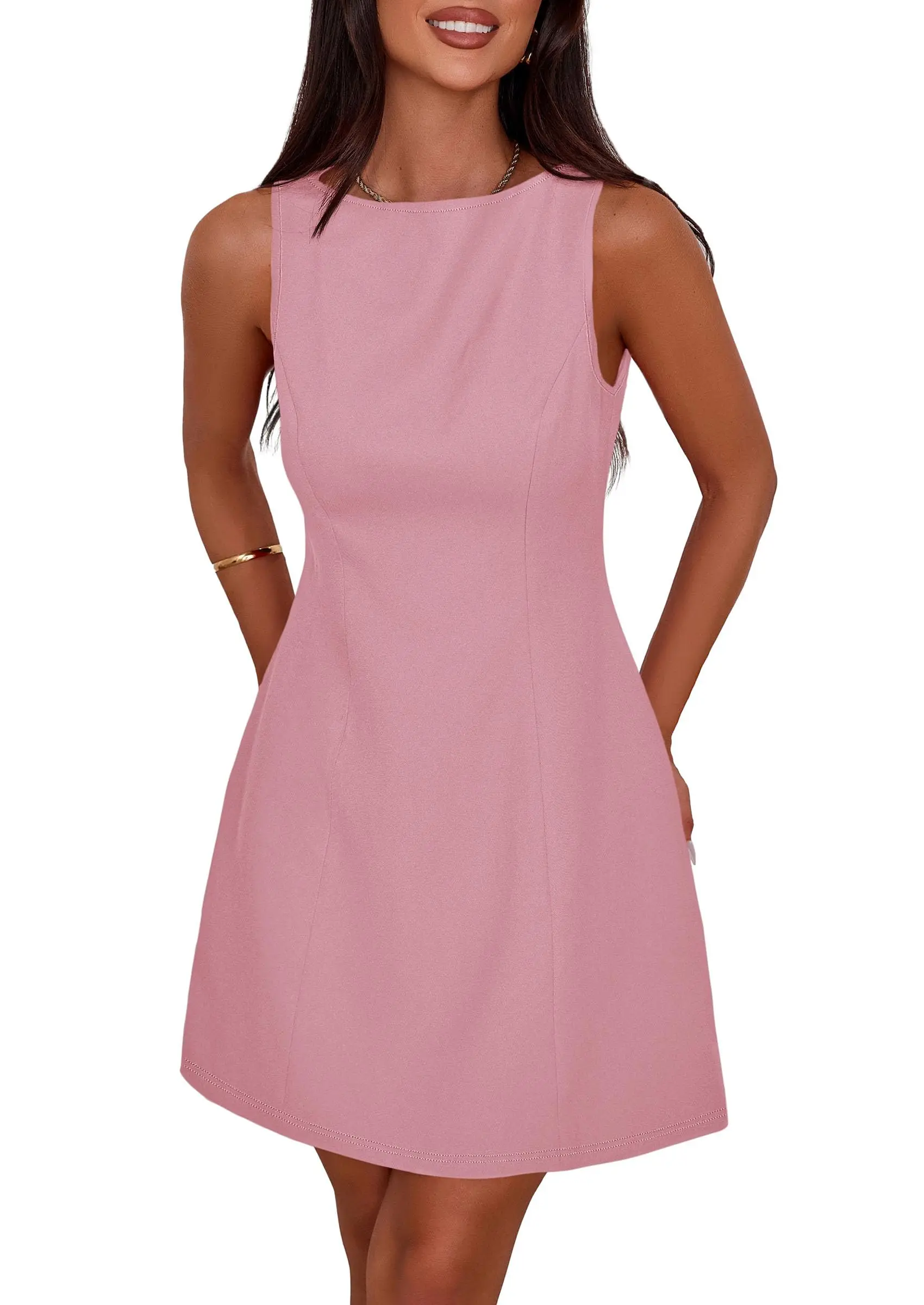 

Sleeveless Boatneck A-Line Mini Dress In Soft Pink For Summer Formal Cocktail Parties