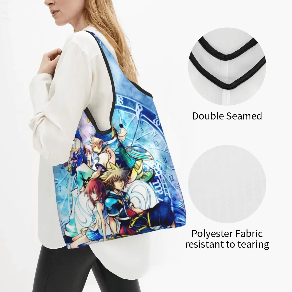 Custom Disney Kingdom Hearts Box Art Grocery Shopping Bags Cute Shopper Tote Shoulder Bags Portable Anime Game Handbag