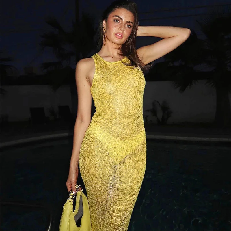 

Gtpdpllt Sexy See Through Sequins Maxi Dresses For Women 2024 Beach Holiday Dress Sleeveless Elegant Bodycon Hot Girl Outfits