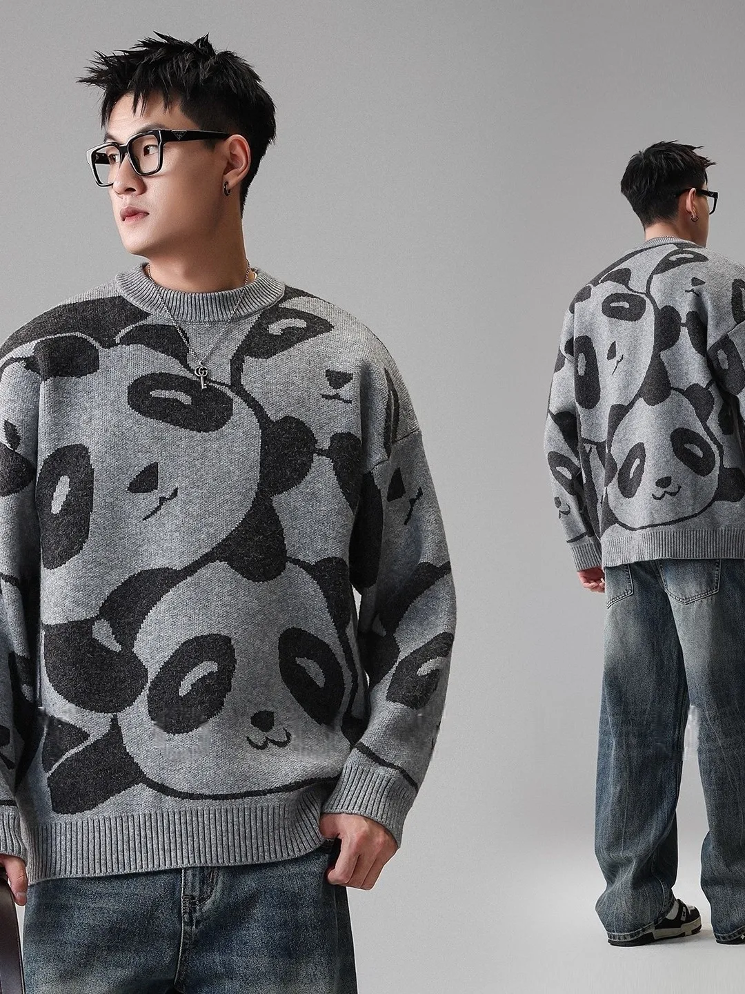 

Panda Pattern Knitted Sweater Men's Overhead Casual Sle Inner Wear Autumn Winter New Arrival Soft Polyester Fiber Long Sve