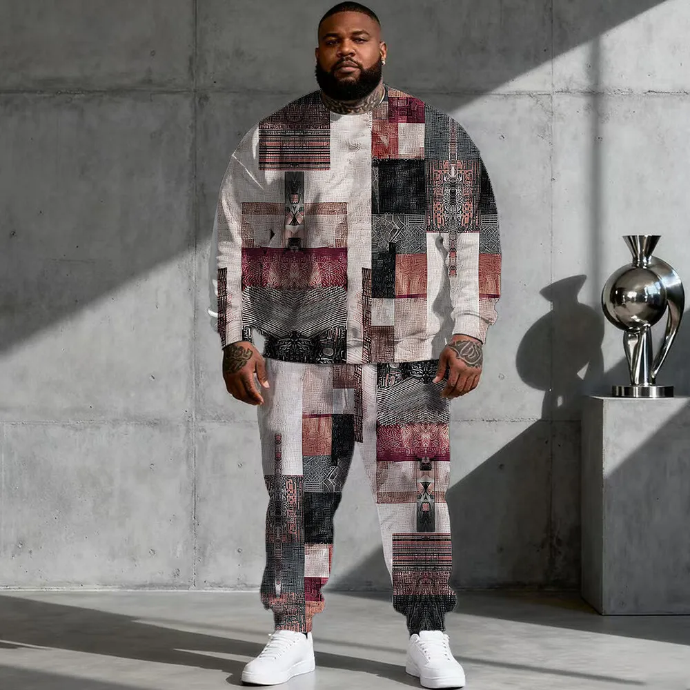 

S-9xl plus size Big & Tall Hoodie Set with Ethnic Vibe - 2-Piece Trendy-Folk, Breathable Material, Retro Tribal Designs