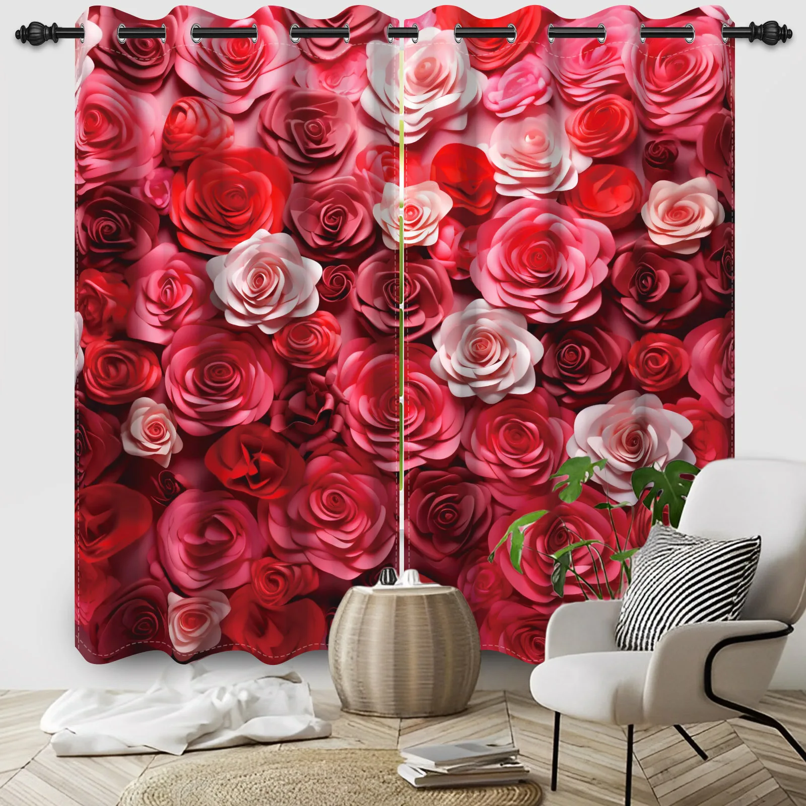 2pcs/set Valentine's Day Red Rose Window Curtain 3D Printed Roses Bedroom Living Room Decor Blackout Polyester Fabric Curtains