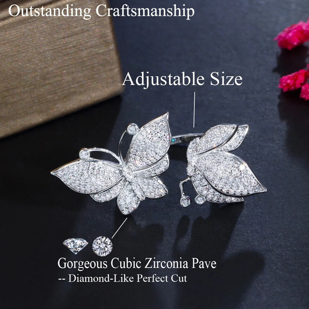 CWWZircons Micro Inlay Cubic Zirconia Silver Plated Open Cuff Adjustable Butterfly Rings for Women Engagement Accessories R221