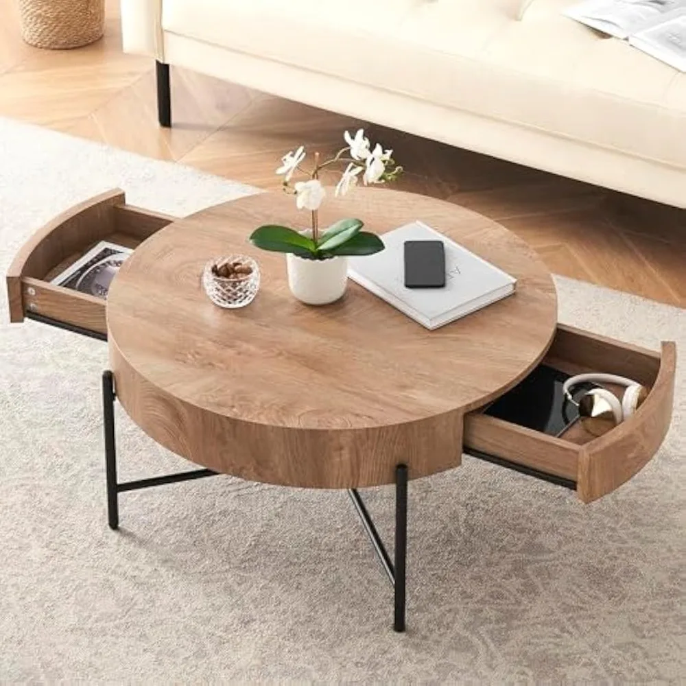 Round Coffee Table Living Room Wood Center Table with Two Drawers Farmhouse Coffee Table Rustic Circle Cocktail Metal Leg