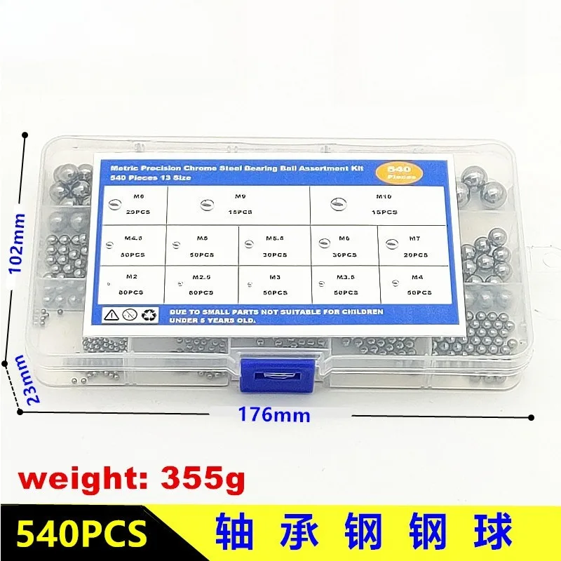 540PCS Boxed High Strength Precision Bearing Steel Balls, Solid Steel Beads 2mm - 10mm Mixed Sizes