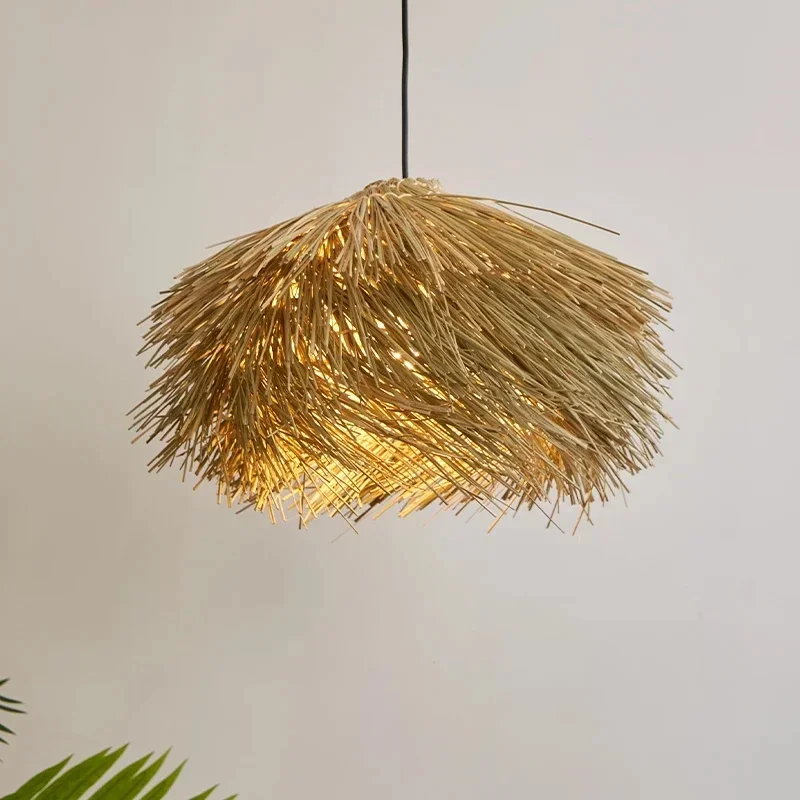 Imagem -02 - Mão Tecido Rattan Pendurado Lâmpada para Teto Loja Bar Grama Luzes Pingente Japão Sala de Estar Lustre Loft Decoração do Quarto Lustre Led