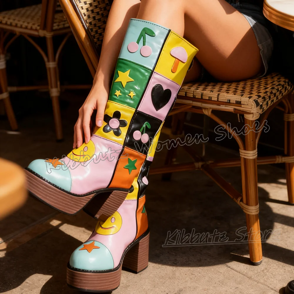 Flower Platform Knee High Boot Patchwork Mixed Color Round Toe Chunky Heel Zipper Leather Fashion Novelty Sexy Elegant Shoes New - view 4
