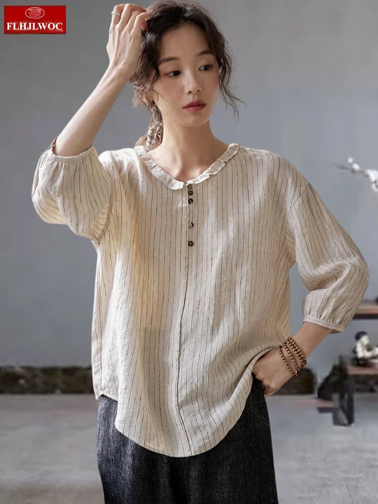 

Hemp Cotton Blends Tops Blouses New Mori Girls Women Summer Thin Comfortable Casual Striped Shirts Ruffles Retro Vintage Top