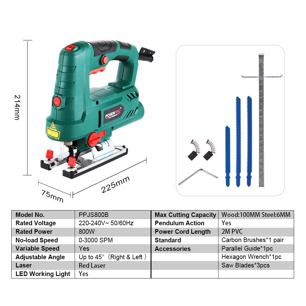 POSENPRO 800W JIG SAW Electric Circular Saw,Multi-Functional Woodworking/Steelworking Handheld Saw with Bevel Cutting Capability