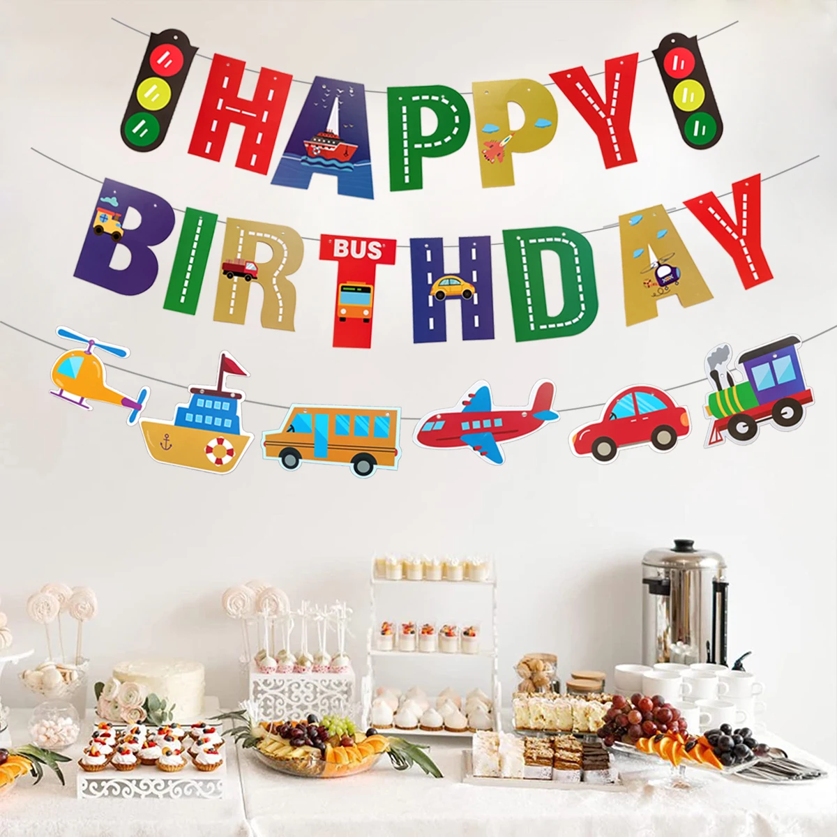 Happy Birthday Banner Airplane Car Vehicle Ship Pull Flag Traffic Light Banner Baby Shower Children Pull Flower Party Decoration