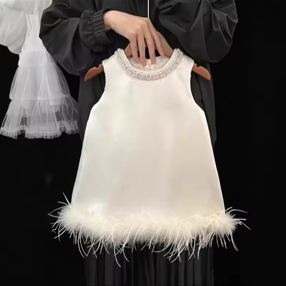 

Flower Girl Wedding Dress Satin Feather Sleeveless Princess White Dress Clothes Baby Kids Birthday Party Gown Kids Formal Outfit