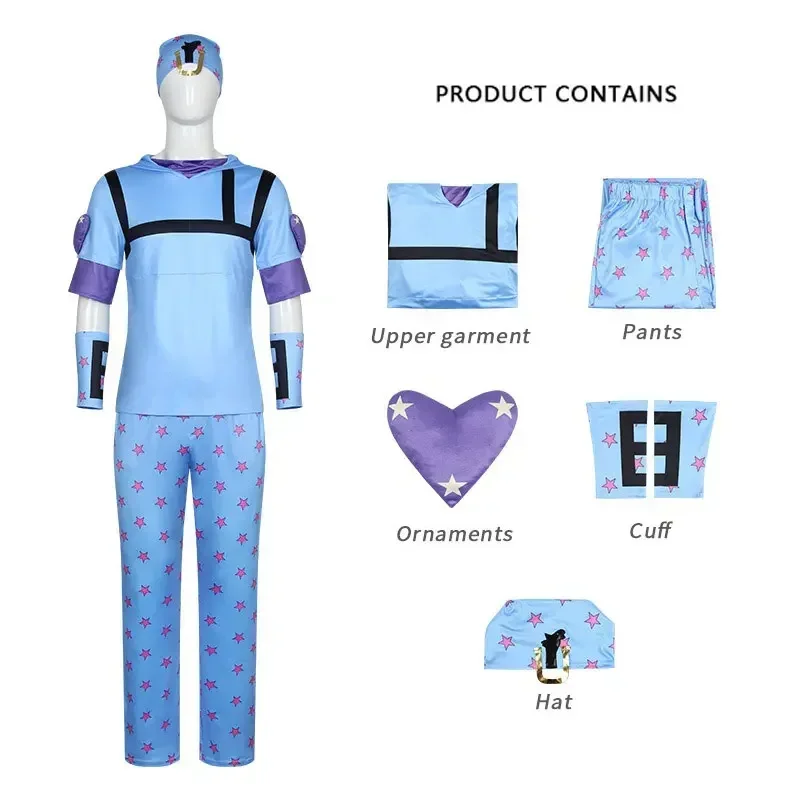Halloween-Karneval Johnny Joestar Charakter Cosplay-Outfit Steel Ball Run Blaues Oberteil Hose Hut Komplettanzug für Bühnenauftritt
