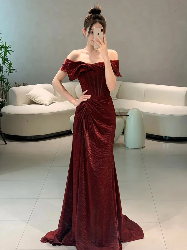 

Wine Red One-oulder Fi-Tail Wedding Dr Ele Bridal Gown for Engagement And House Return Long Evening Dr