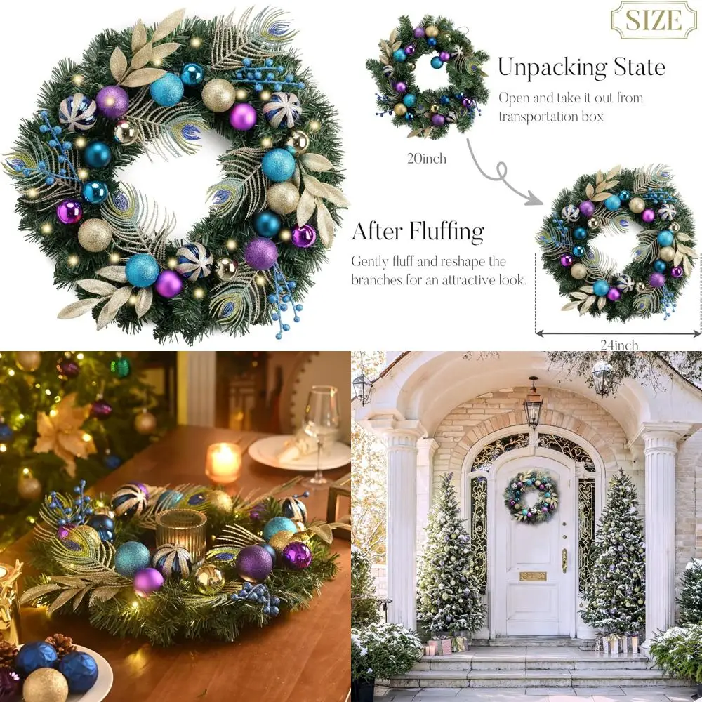 

Pre-lit 24 Christmas Wreath with Peacock Feathers and Lights for Front Door, Lighted Holiday Decorative Wreath