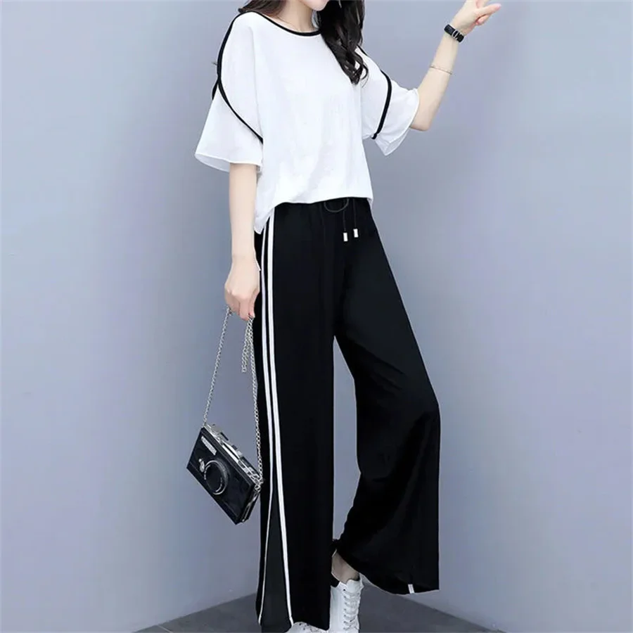 2022 New Short Sleeved Wide Leg Trousers Two Piece Set Fashion Loose Casual Sports Suit Women