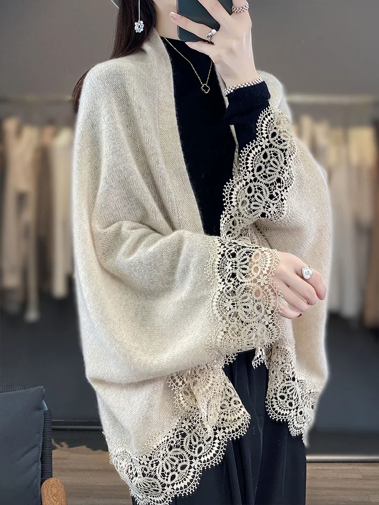 2024 Spring Autumn New Chic Shawl Women Cardigan Grace Soft 100% Merino Wool Knitted Sweater Korean Style Shawls Fanshion Tops