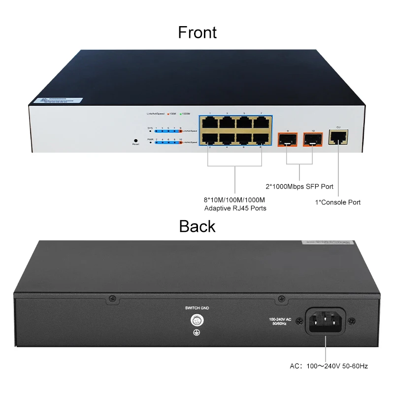 Onti-L3 Managed switch with 2*1000M SFP slot ports and 8*100/1000M RJ45 ports, Switching capacity 336Gbps