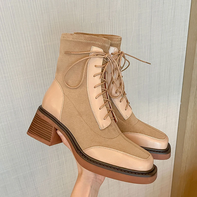 2023 new Autumn winter Women ankle boots  22-25cm cowhide+Elastic flock+pigskin stretch boots mixed color side zip short boots