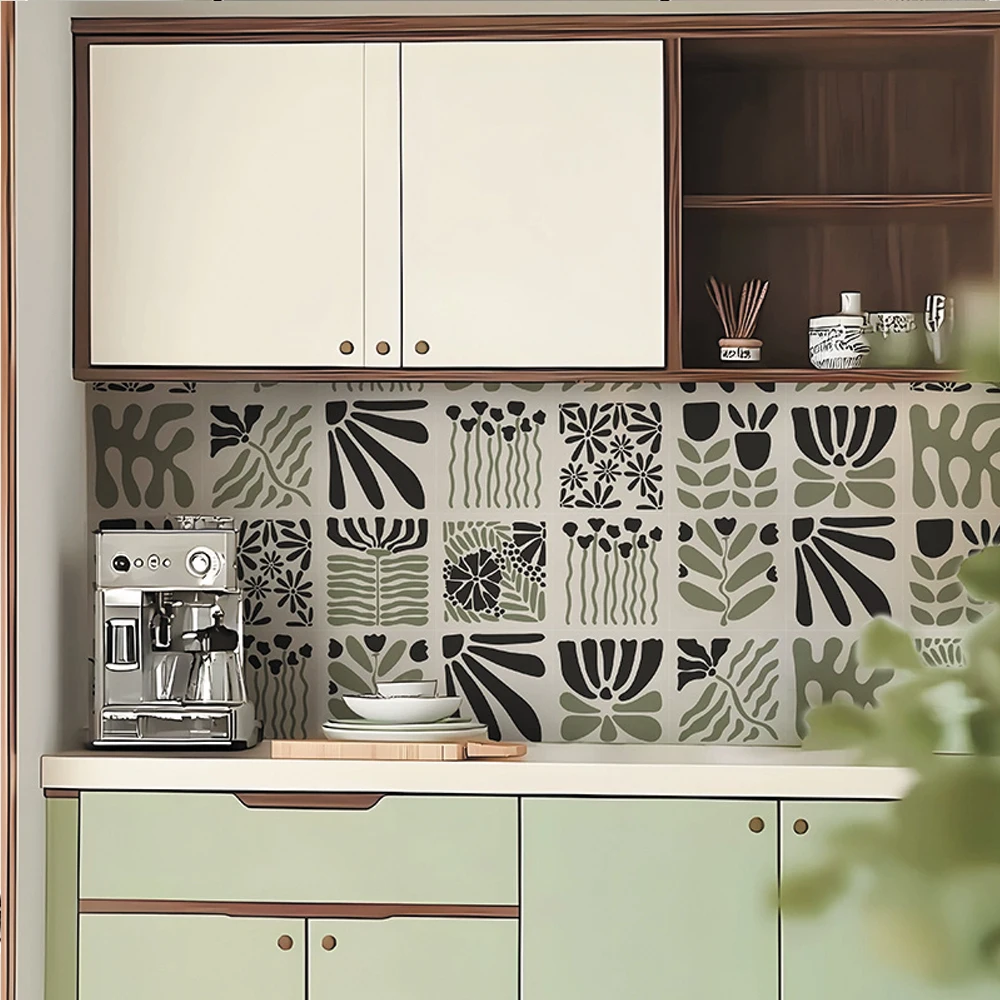 Abstract art Sage flowers Backsplash Wall Tile Stickers,  Waterproof Peel and Stick, Matisse inspired Tile decals for Kitchen