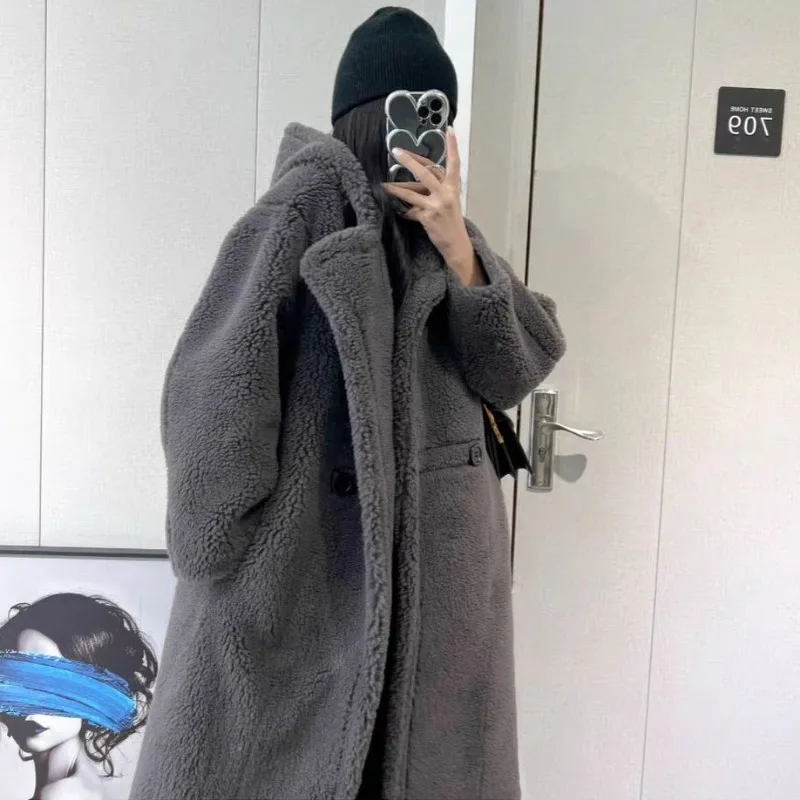 2023 Lamb Fleece Long Coat Women Korean Version Warm Jacket Loose Lazy Style Overcoat Thickening Temperament Hooded Outwear