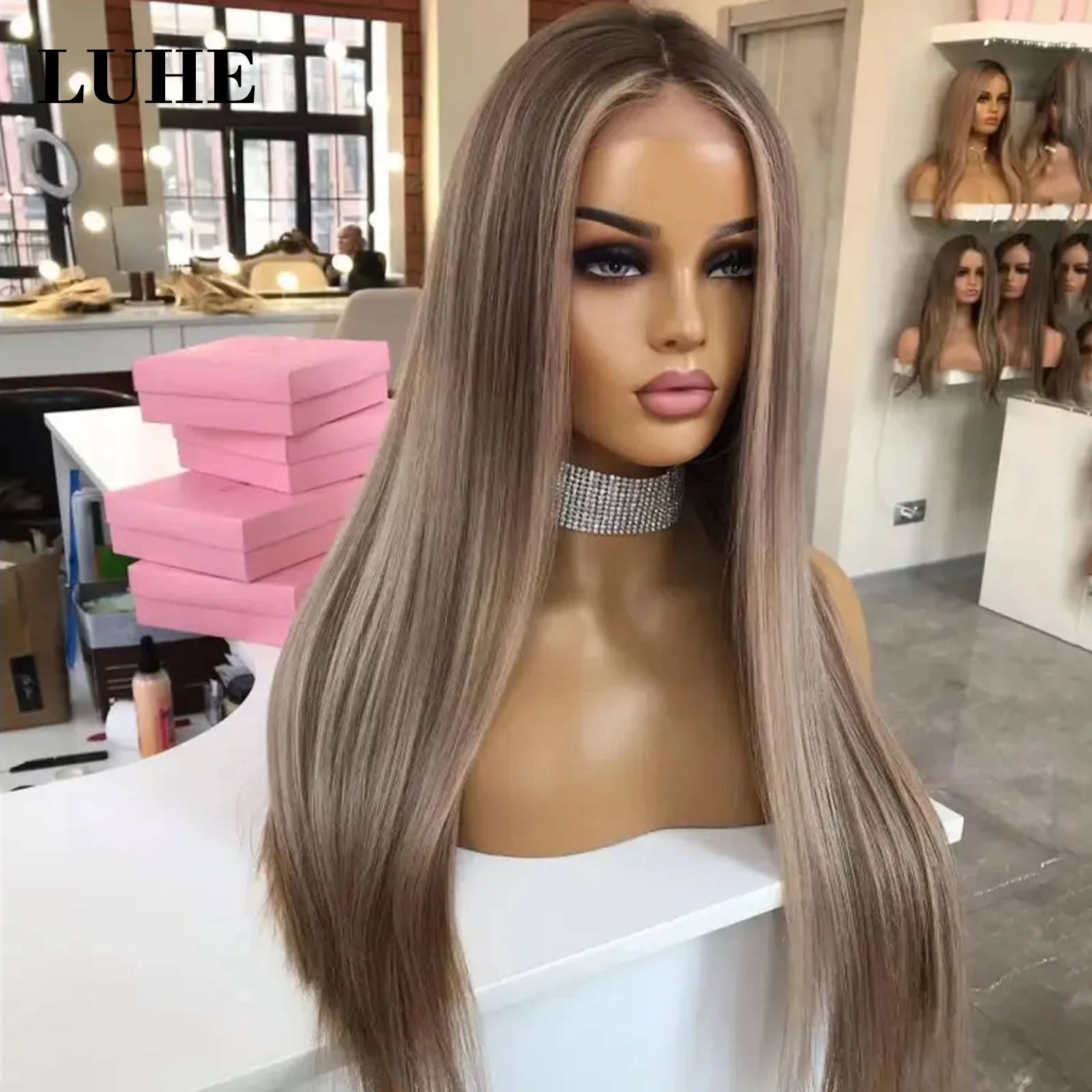 Ombre Brown Highlight Wig 13x3 Lace Front Synthetic Hair Lace Frontal Wig Dark Root 26 Inch Smooth Long Straight Wig Daily Use