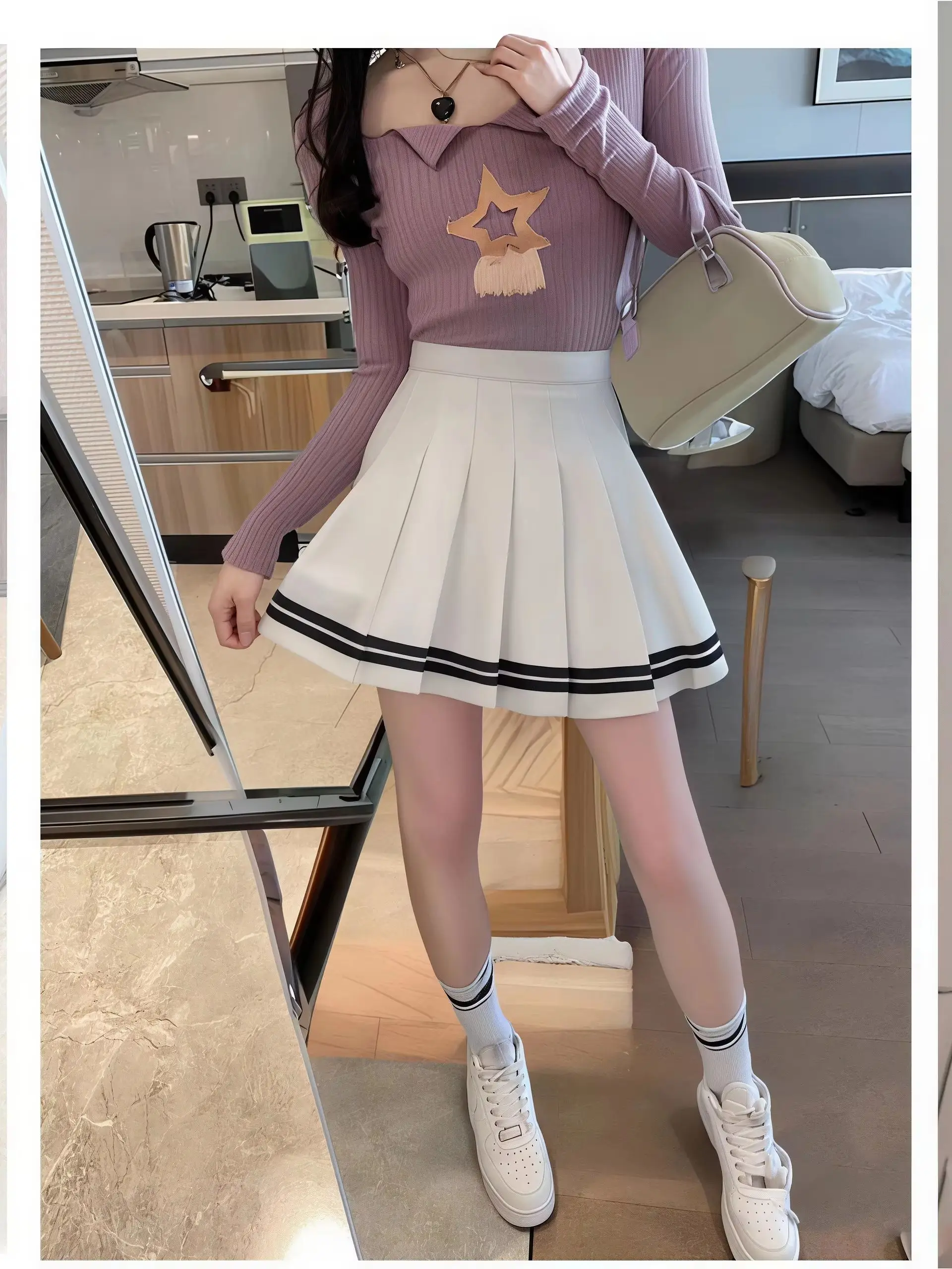 Damen-Minirock mit hoher Taille, plissiert, schwarz, gestreifter Saum, A-Linie, Preppy-Stil, JK-Uniform, kurzer Rock mit Innenhose – Detail 2