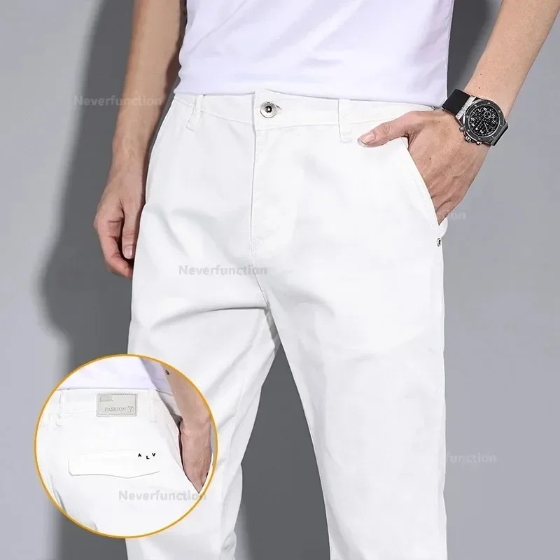 Four Seasons Men\'s New White Fashion Casual Pants Stretch Straight Comfortable Soft Business Work Trousers Male Brand Clothes