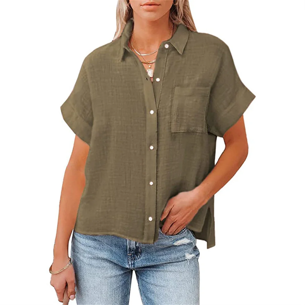 Women Short Sleeve Blouse Solid Color Shirt Shopping Clothes Summer Top