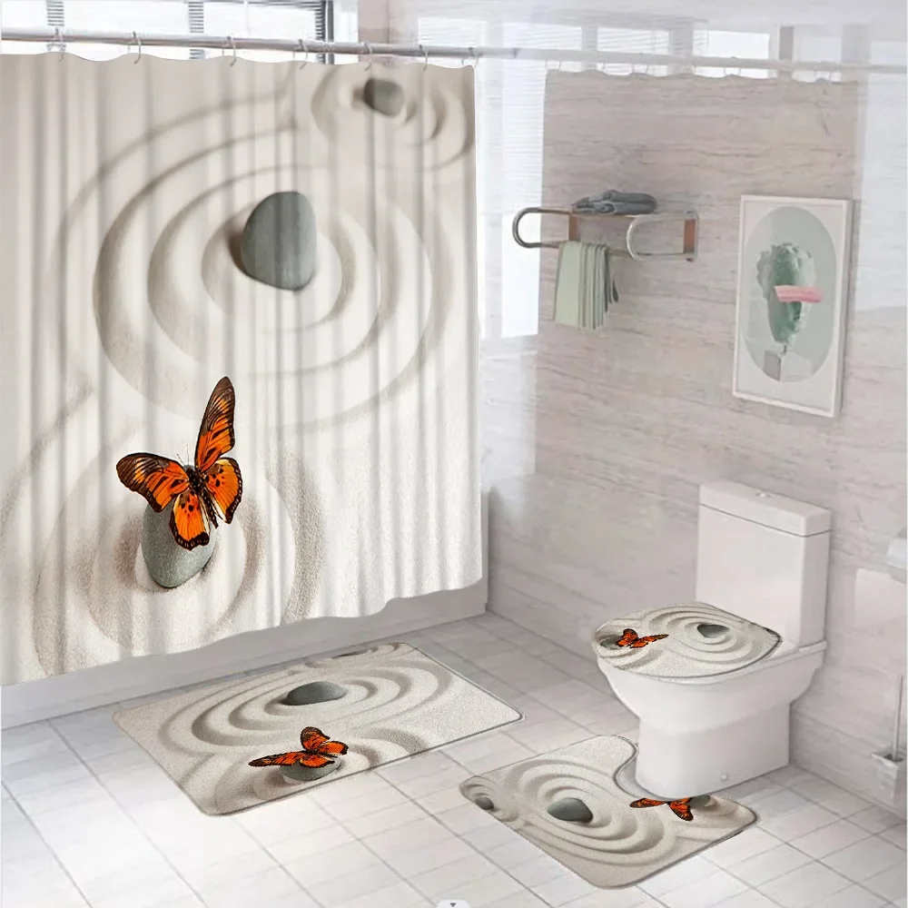 4Pcs Shower Curtain Set Rug Bath Mat Toilet Cover Rock on The Sand Butterfly Serenity Life Cycle Stone Nature Bathroom Curtains