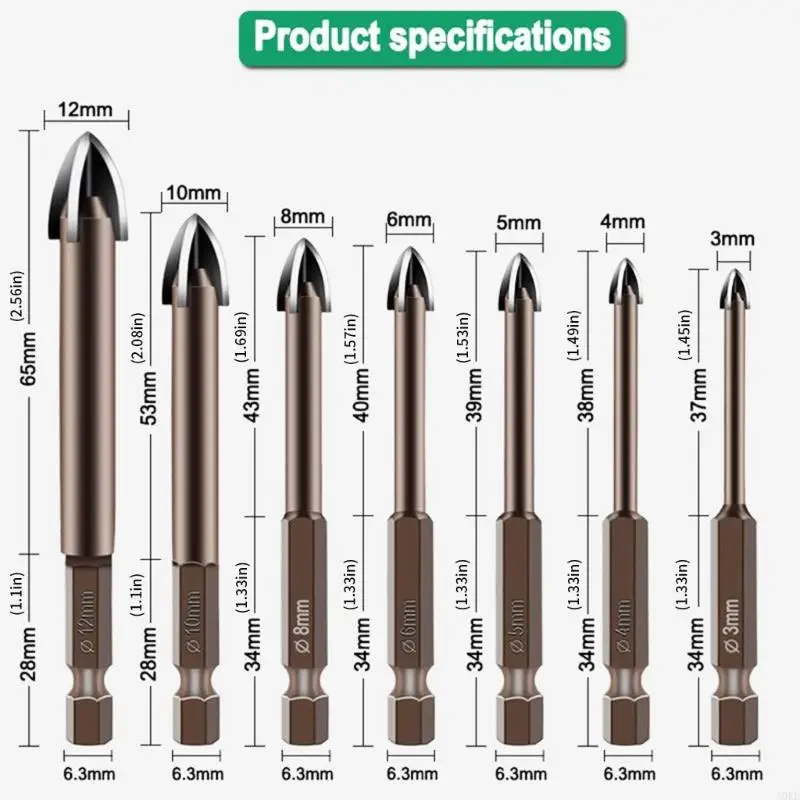 

A0KE 7Pcs/Set 3/4/5/6/8/10/12mm Carbon Drill Bits Tipped Hexagonal Shank Drilling Accessories for Tile And Glass Cutting