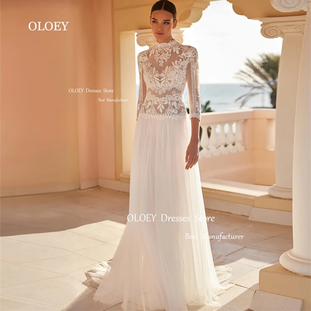 OLOEY Exquisite Lace Wedding Dresses High Neck Three Quarter Sleeves Floor Length Vintage Bridal Gowns Robe De Marriage Custom